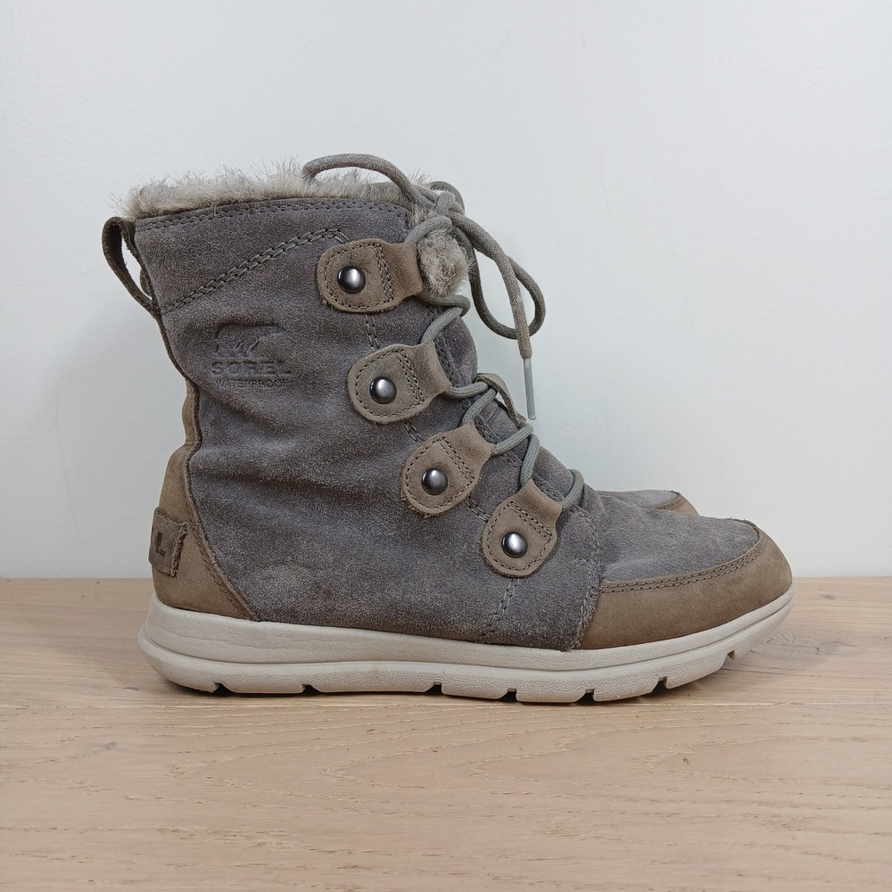 Sorel Boots Women 7.5 Gray Suede Lace Up Fur Lined Winter Cozy Outdoor - Picture 5 of 10